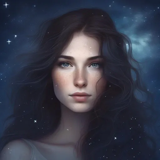 Prompt: A beautiful and powerful caucasian Canadian/Irish/French/American with light freckles woman (a greek goddess of the night sky) with magical flowing brunette hair in the style of constellations and the night sky flowing and fading into stars, starting confidently profile picture