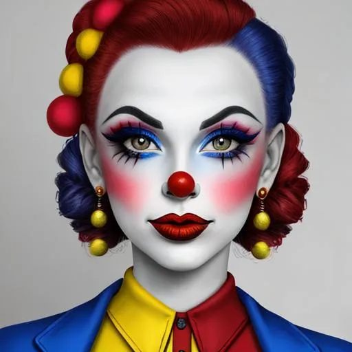 Prompt: A pretty female clown in primary colors, pretty makeup