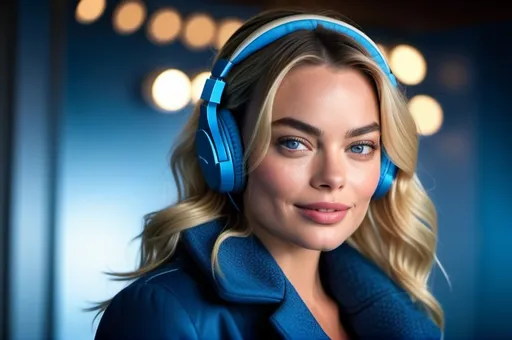 Prompt: professional portrait photograph of a gorgeous ((Margot Robbie butting a headphone on her ears)) in blue winter clothing, long natural hair, listening to the music, sultry flirty look, (freckles), nice laughing smile, spectacular attractive natural face, gorgeous symmetrical face, cute natural makeup, wearing elegant dark blue warm winter fashion clothing, ((standing inside Music  studio), hyper- realistic, detailed features, realistic lighting, high quality, realistic view,, elegant, realistic setting, professional, detailed, glamorous, actress, iconic, stunning modern urban environment, ultra realistic, concept art, elegant, highly detailed, intricate, sharp focus, depth of field, f/1. 8, 85mm, medium shot, mid shot, (((professionally color graded))), bright soft diffused light, (volumetric fog), trending on instagram, hdr 4k, 8k