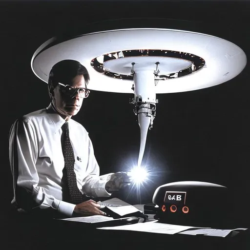 Prompt: Bob Lazar working on a UFO