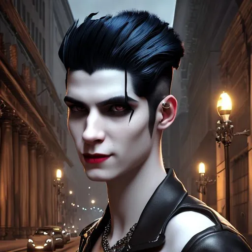 Prompt: beautiful mid-twenties goth young french male, handsome, smile, long black hair shaved sides, art deco berlin, portrait, realistic details, photorealistic, 8k render, cinematic lighting, ultra detailed
