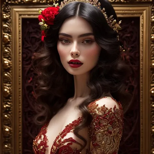 Prompt: Full length portrait, gorgeous 23-year-old woman, in a flowing crimson silk ballgown, stunning, clean face, showing in 4k format, intricate work of magical art, almost ethereal, in cgsociety trends, complex, epic, from Ilya Repin, very detailed bright, staged rendering of the character, super high quality model, beautiful face, flowing long locks, slight smirk on her lips, background in style bokeh
