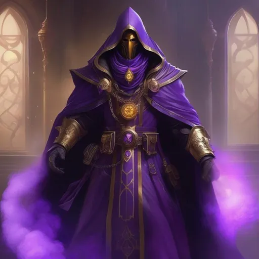 Prompt: A male genestealer hooded cult leader, full face golden mask, cloack made of purple smoke(((handsome))), Perfect Arms, cast purple smoke, Skimpy Outfit, Cleavage Window, Purple Robes, golden Jewelry, Warhammer 40000, 