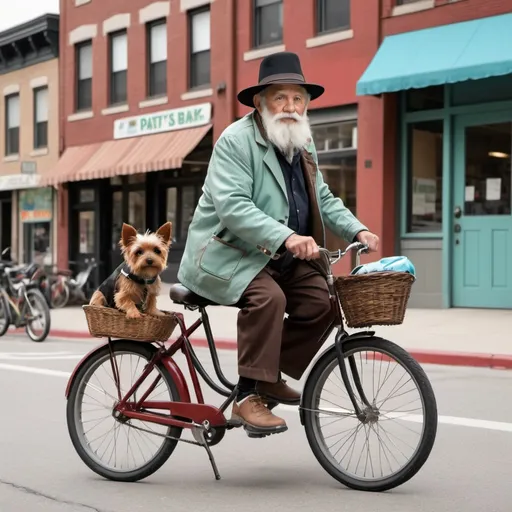 Prompt: City scene, 
old man wearing black tall hat with 3 feathers (white, black, and brown), sky blue jacket, green shirt, and patched brown pants. riding red bike with fat tires.
front basket with small terrier dog
back basket old brown satchel