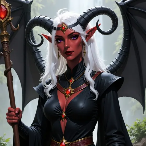 Prompt:  @p2CZMES7VK5y7B1QsEFp white hair, large crown, lots of jewelry, horns curved down, black clothes, big wings, wooden staff, waterfall