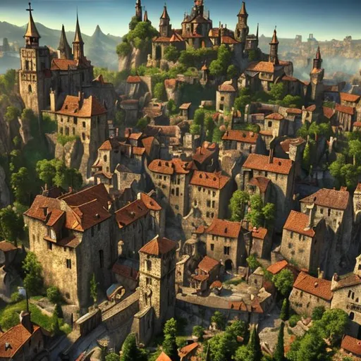 Prompt: (masterpiece:1:2), best quality, high definition, cartoon style, middle ages, town on top of mountain (unreal software), 
