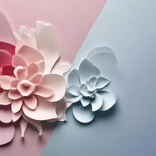 Prompt: Negative Space Blossoms: Design a minimalist layout where floral shapes are formed by negative space. Use solid colors to create the background, allowing the flower shapes to emerge. Leave open areas within the design for text placement.