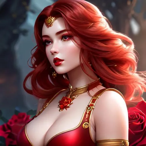 Prompt: A surreal landscape of a rose warrior, wearing soft petals, with very fair complexion, red gloss lips, rosy cheeks, red lips, voluminous auburn hair, stylized CGI, fantasy genre, woman.