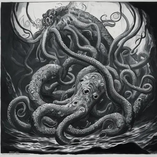 Prompt: A india ink lithograph of an Aboleth emerging from a sea fed pool in a cave. Its tentacles reaching out towards the viewer.