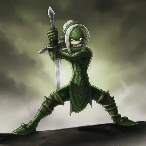 Prompt: Pickle Rick wielding a giant sword.