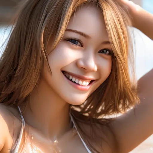 Prompt: An attractive grin woman, huge , smooth skin,  oppai body, blond brown hair, wet