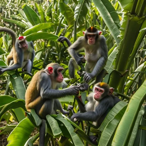 Monkeys raiding a banana grove in oil