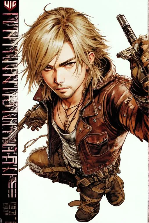 Prompt: (((Yoji Shinkawa))), sticker of ultra detailed portrait of Kurt Cobain in brown leather Thief artifact gear, high quality cell shaded illustration in post apocalyptic style by Yoji Shinkawa, ((full body)), dynamic pose, perfect anatomy, centered, freedom, soul, blonde short hair, approach to perfection, cell shading, 4k , cinematic dramatic atmosphere, watercolor painting, global illumination, detailed and intricate environment, artstation, concept art, fluid and sharp focus, volumetric lighting, cinematic lighting, Art by IlyaKuvshinov,