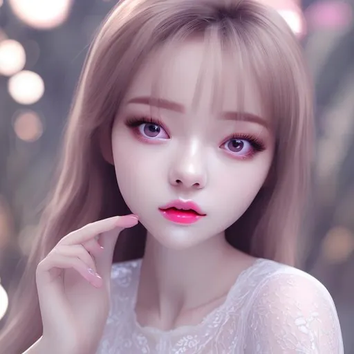Prompt: Cute korean, fairy skin, wearing white dress, 4K, AI, fined features, red glossy lips, big eyes with light makeup.