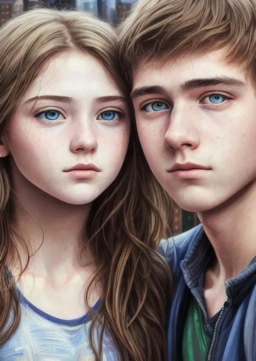 Prompt: Zoomed out hyper realistic very detailed oil portrait of a teenage couple with highly detailed intricate eyes and hair, wide open eyes, city background, 2064, trending art, masterpiece, trending on art station.