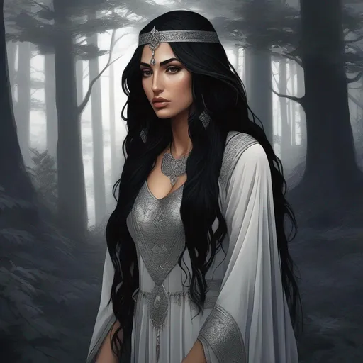 Prompt: highest quality anime art masterpiece, digital drawing, armenian woman with long black hair:vistani, sad in a forest on a dark foggy night, tanned skin:2, waxing moon, huge hooked aquiline algerian nose, ethereal, jewelry set, highres, realistic, highly detailed, fantasy, gypsy, roma, D&D, Ravenloft, by Ilya Kuvshinov