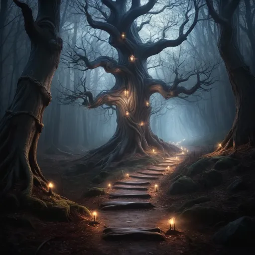 Prompt: a path in a dark forest with lots of lights on it and a tree with no leaves on it, Anne Stokes, fantasy art, magical atmosphere, a detailed matte painting