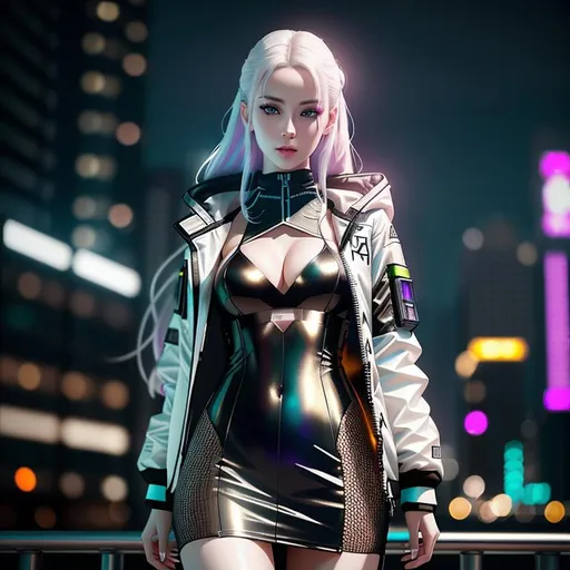 Prompt: Create a picture in the greatest professionnal quality of a young woman with a transparent outfit with visible pale skin, cyberpunk style, high details, realistic , dark lighting, professionally colour graded, photorealism. The image should be realistic and detailed, with vivid colors and sharp contrasts. heavenly beauty, 8k, 50mm, f/1. 4, high detail, sharp focus, perfect anatomy, highly detailed, detailed and high quality background, oil painting, digital painting, Trending on artstation, UHD, 128K, quality, Big Eyes, artgerm, highest quality stylized character concept masterpiece, award winning digital 3d, hyper-realistic, intricate, 128K, UHD, HDR, image of a gorgeous, beautiful, dirty, highly detailed face, hyper-realistic facial features, cinematic 3D volumetric, illustration by Marc Simonetti, Carne Griffiths, Conrad Roset, 3D anime girl, Full HD render + immense detail + dramatic lighting + well lit + fine | ultra - detailed realism, full body art, lighting, high - quality, engraved, ((photorealistic)), ((hyperrealistic))