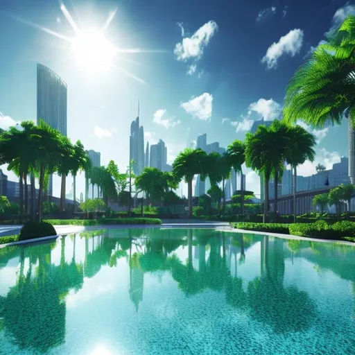 Prompt: Futursitic City Lush Green Plants Light Blue Sky Reflection Pool High Resolution 8k