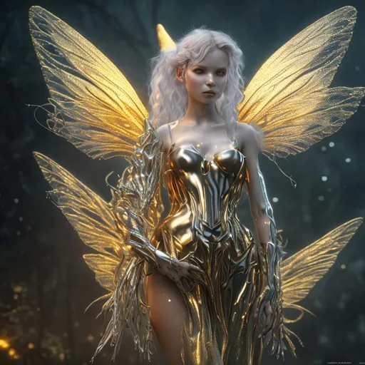 Prompt: A cyber metallic fairy, dark fantasy, hyperrealistic 4K, soft golden glow