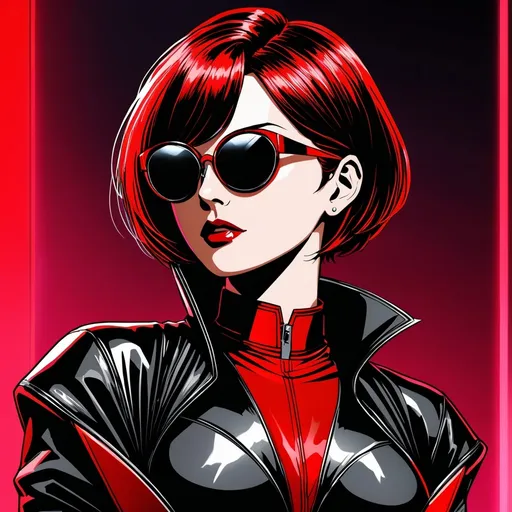 Prompt: Comic book style, cyberpunk. A middle aged woman with short hair and a red corset. Supervillain, spider themed. Round black sunglasses
  