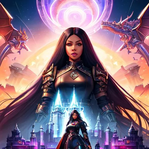 Prompt: modern movie poster portrait with Cardi. B in center focus, 1 female, straight long hair, ethereal, spaceship in background, dragons flying in background, dragoon artifact gear from ffxiv in background, war, castles on fire, royal vibe, highly detailed, digital painting, Trending on artstation , HD quality,  brown skin, Big Eyes, artgerm, by Ilya Kuvshino
