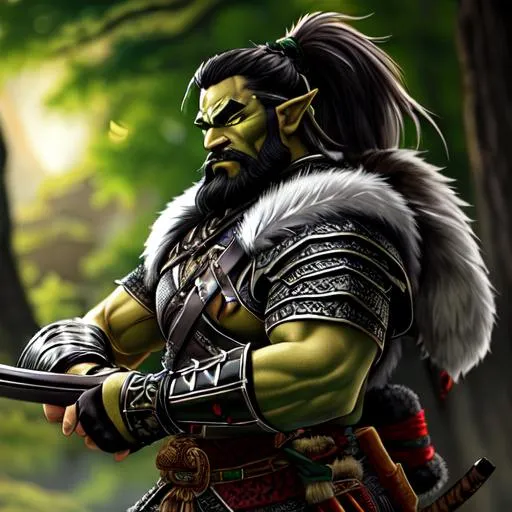 Prompt: A green skin Orc ranger with many scars on his body, wielding a shortbow, wearing ancient japanese style chainmail and hide armor with a fur tunic underneath. black japanese style ponytail, short black beard. highly detailed, symmetrical.