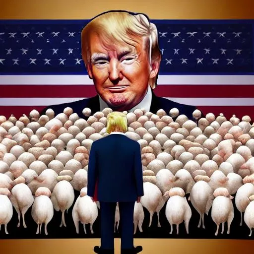 Prompt: Create an image of Donald Trump standing on a stage with his back turned to the viewer, addressing a large crowd of sheep. Trump should be depicted in a suit and tie with his signature hairstyle visible from the back. The sheep should be standing in the foreground of the image, facing towards the stage, with different breeds and colors to create a diverse crowd. Pay close attention to the details of the sheep's wool, eyes, and facial expressions to ensure a believable and accurate depiction. The background should be simple, with a sky or a plain color to emphasize the focus on Trump and the sheep. Make sure the image is high quality, detailed, and realistic, so that it appears as if the scene could really exist. Ensure that the perspective of the image places the viewer at a slight distance behind the crowd and looking towards the stage to create a sense of being present at the event.