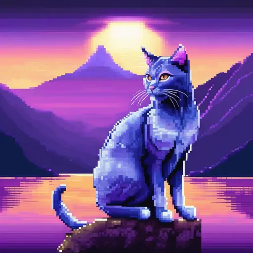 Prompt: (pixel art), 32-bit, beautiful {blue cat}, with {silver eyes}, looking at viewer, glaring through fourth wall, layers of purple mountain silhouettes, magical fantasy crystal lake, twilight, highly detailed, beautifully detailed shading, complementary colors, golden ratio