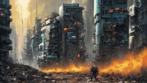 Prompt: Cyberpunk mechs, Riots in the streets, corporate corruption, cities burning, and a single flower in the chaos, tear gas, gas masks, pills, cash money