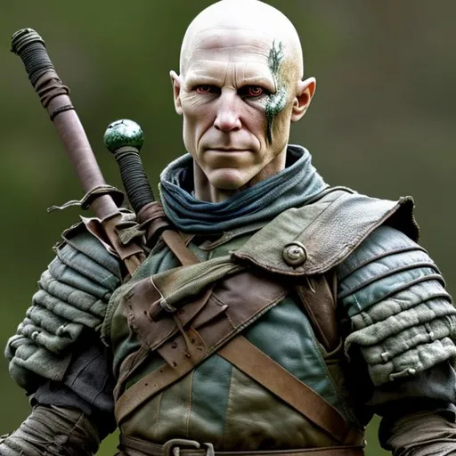 Prompt: Very detailed, human male d & d character, realistic, poisons. Wiry, leather armour with vials, pale, gaunt, skinhead.