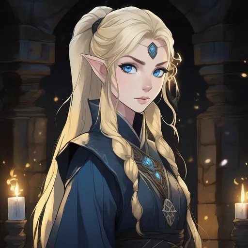 Prompt: Anime drawing of a young looking elf woman with soft face, blue eyes, fair pale skin, long blonde hair tied in a ponytail, who is wearing loose black robes that are inscribed with arcane blue symbols and, while exploring an old dark dungeon illuminated by a faint yellow glow