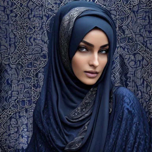 Prompt: a mysterious woman wearing a hijab" , "The woman's presence is captivating, exuding an air of intrigue and elegance. She wears a hijab that drapes gracefully around her head, partially obscuring her face and adding to the air of mystery. The fabric of the hijab is a rich, deep shade of midnight blue, adorned with shimmering silver threads that create intricate patterns, reminiscent of constellations in the night sky. The woman's eyes, peeking out from beneath the hijab, hold a mesmerizing depth and intensity." , "The environment surrounding the scene is cloaked in a soft, diffused light. It could be a dimly lit room with gentle rays of sunlight filtering through sheer curtains, casting a celestial glow. Or perhaps it is an outdoor setting, with the moon casting its ethereal light upon the woman, creating an otherworldly atmosphere." , "The mood is one of mystique and allure. There is an aura of enigma surrounding the woman, as if she holds secrets and stories untold. Her expression is serene yet enigmatic, inviting viewers to delve into the depths of her soul and unravel the mysteries within." , "Captured with a vintage film camera, the photo has an old-world charm to it. The camera model used is a classic Hasselblad 500C/M, known for its iconic square format and medium format capabilities. The film used is Ilford Delta 400, a black and white film that adds a timeless quality to the image. The photographer employs techniques such as high contrast and deliberate composition to enhance the dramatic effect." , "Directors: David Lynch, Wong Kar-wai, Guillermo del Toro. Cinematographers: Roger Deakins, Christopher Doyle, Emmanuel Lubezki. Photographers: Sally Mann, Daido Moriyama, Sarah Moon. Fashion Designers: Alexander McQueen, Elie Saab, Rick Owens." —c 10 —ar 2:3