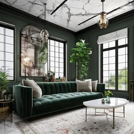 Prompt: create a  living room with antique design  with a dark green sofa and white pillows with a modern lamp with a window and marble floor and industrial ceiling
