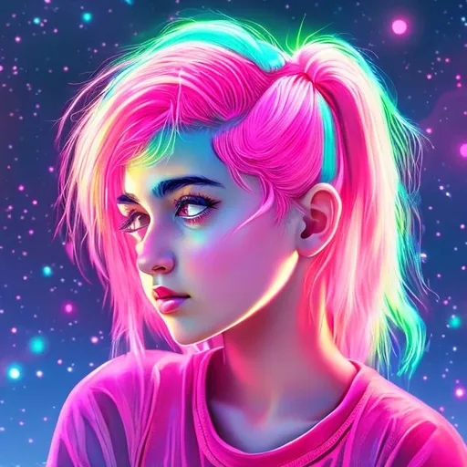 Prompt: Realistic image of a girl , neon hair , picturised background, tender 