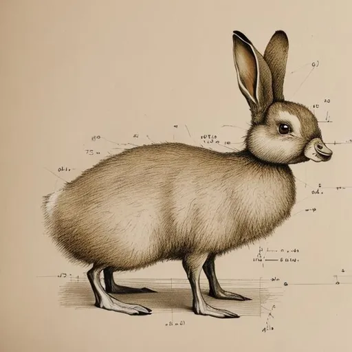 Prompt: a scientific drawing on beige paper of a hybrid animal from a duck and a rabbit