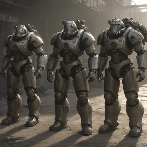 Prompt: Fallout, T-60 Power armor, T-45 Power armor, mech suit, Brotherhood of Steel, sci-fi, armoured suit, Fallout 4, in the style of Fallout 4 Concept Art
