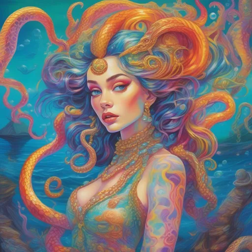 Prompt: A colourful woman with tentacles for hair in a flowing soft dress made of kelp, scales, coins, pearls and coral, in a painted style in the colour palate of Lisa Frank