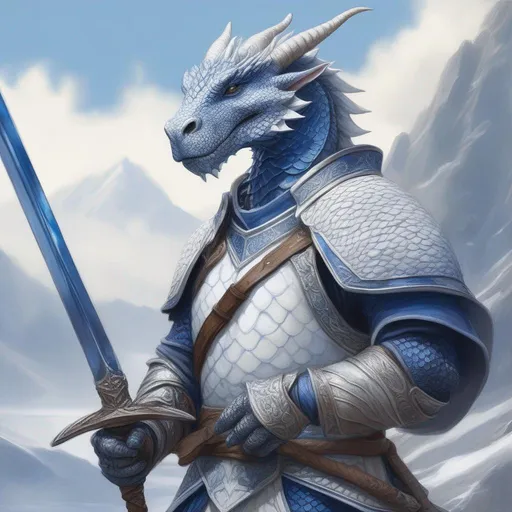 Prompt: A beautiful blue and white Dragonborn with no hair holding a sword, perfect composition, hyperrealistic, super detailed, 8k, high quality, trending art, trending on artstation, sharp focus, studio photo, intricate details, highly detailed, by Greg Rutkowski, illustration, watercolor