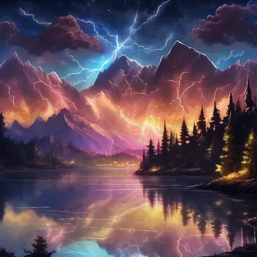 Prompt: + night, A fantastic scenery of the sky at night with colorful stars and lightning and a lake where the sky is reflected, whipers of high mountain range in the background, intricate beautiful trees on the sides, dramatic, very attractive, award winning, wallpaper, crisp quality