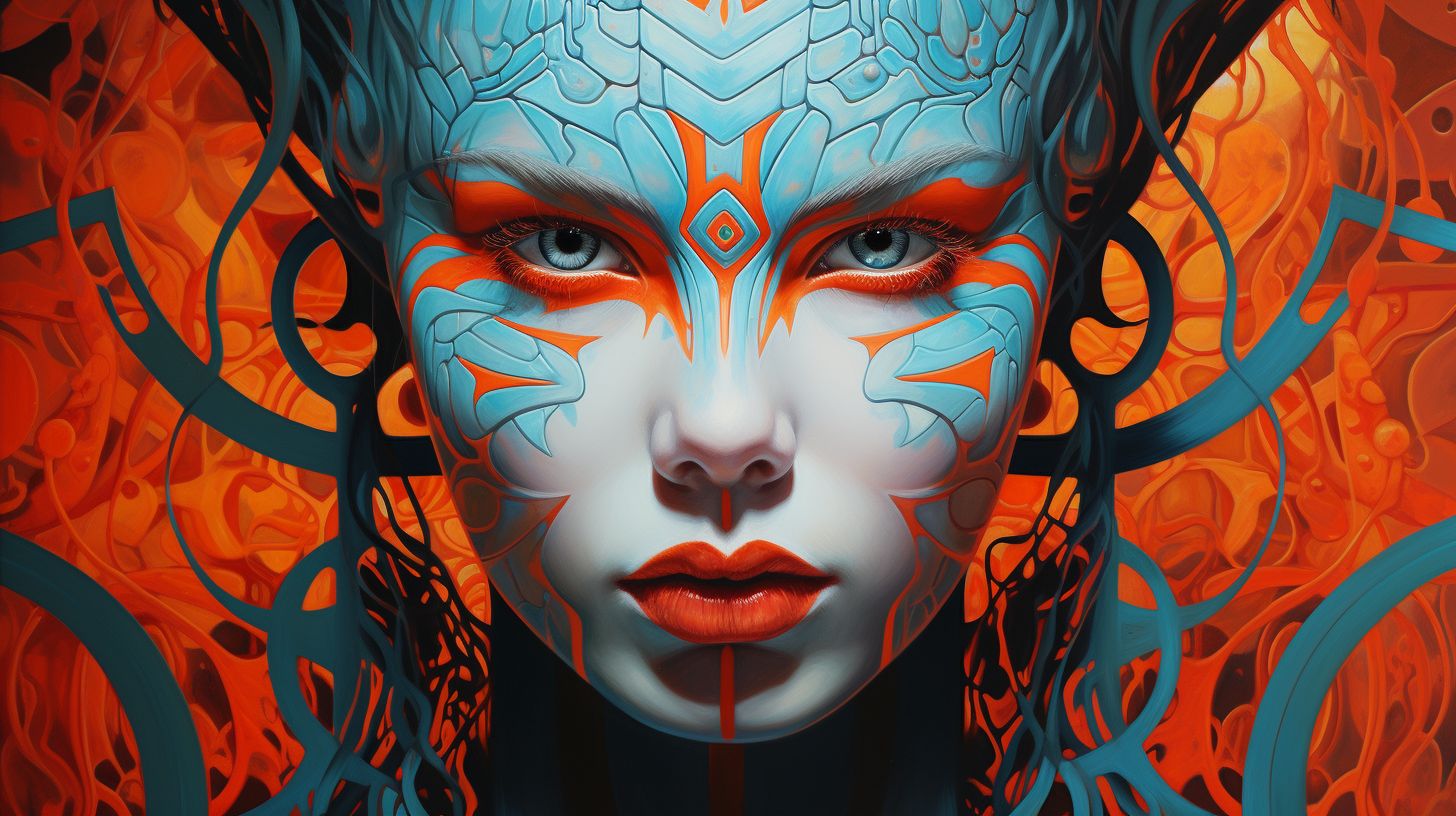 Prompt: a woman has an orange face and a red tongue, in the style of hyper-realistic sci-fi, turquoise and blue, intricate patterns and details, epic fantasy scenes, hyper-realistic portraits, contrasting shadows, junglecore