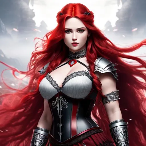 Prompt: A hyper realistic full body image of a (young female barbarian with intricately wavy red hair) with a (beautiful symmetrical body, beautiful symmetrical face, fierce expression) wearing (an intricate silver corset) in a (fantasy setting against a misty underworld backdrop)