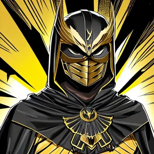 Prompt: eagle-cowl nighthawk-mask inspired adult male superhero black and gold costume with gold and black cape