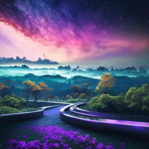 Prompt: futuristic nature view with a dreamy sky