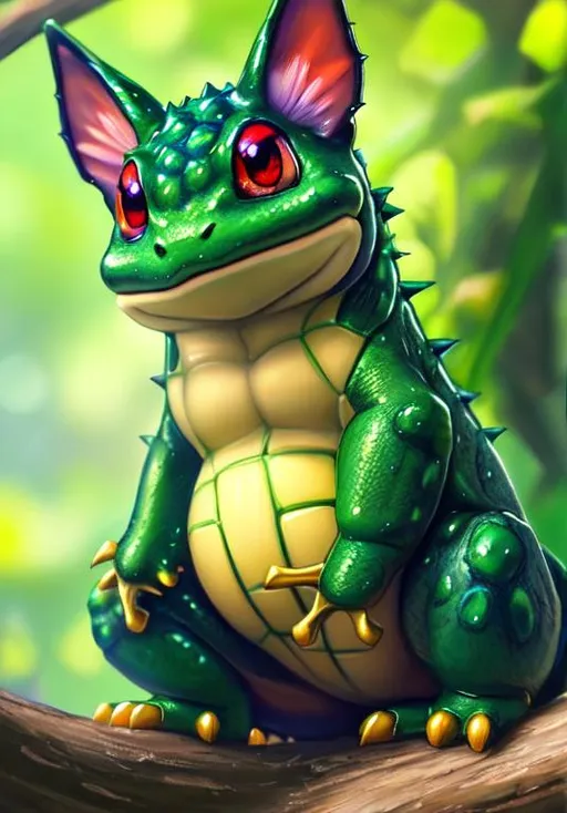 Prompt: UHD, , 8k,  oil painting, hyper realism, Very detailed, zoomed out view of character, HD, High Quality, Anime, Pokemon, Bulbasaur, blue-green quadrupedal amphibian, green plant bulb on back,  blue skin with darker patches, It has red eyes with white pupils, pointed, ear-like structures on top of its head, and a short, blunt snout with a wide mouth, A pair of small, pointed teeth are visible in the upper jaw when its mouth is open, Each of its thick legs ends with three sharp claws, On Bulbasaur's back is a bright green circular plant bulb that conceals two slender, tentacle-like vines, which is grown from a seed planted there at birth, The bulb also provides it with energy through photosynthesis as well as from the nutrient-rich seeds contained within, forest, Pokémon by Frank Frazetta