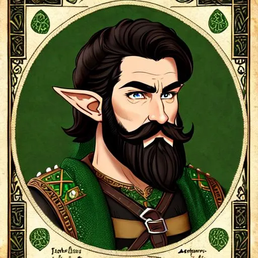Prompt: A Elf wearing a brown and green viking/Ancient Persian style studded leather armor. short black hair, long mustache, green eyes. drawn as a medieval style wanted poster.