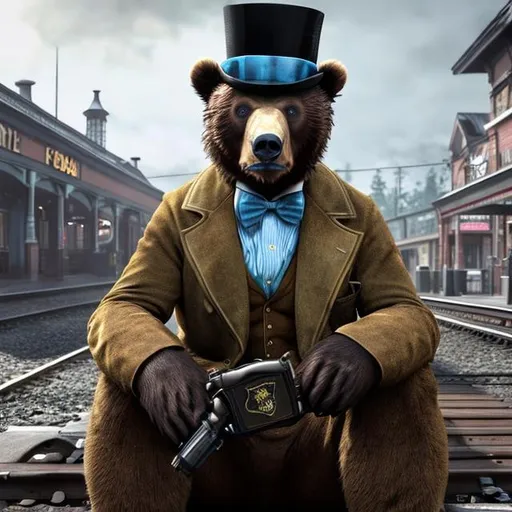 Prompt: 
a realistic brown bear sitting a train station with bow-tie and top hat with blue eyes named in call of duty zombies






