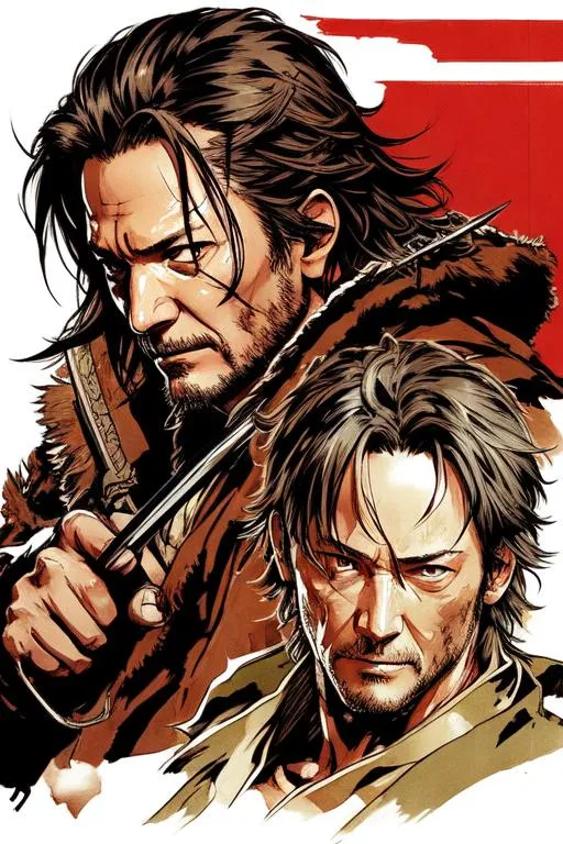 Prompt: 2 samurai fighting (((Yoji Shinkawa))), sticker of ultra detailed portrait of ((Jason Isaacs)) sword fighting ((Keanu Reeves)). high quality cell shaded illustration in post apocalyptic style by Yoji Shinkawa, ((full body)), dynamic pose, perfect anatomy, centered, freedom, soul, long hair, approach to perfection, cell shading, 4k , cinematic dramatic atmosphere, watercolor painting, global illumination, detailed and intricate environment, artstation, concept art, fluid and sharp focus, volumetric lighting, cinematic lighting, Art by Yoji Shinkawa,