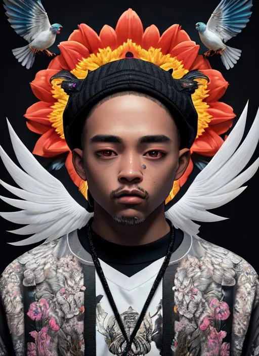 Prompt: Portrait of a man with the face of a bird wearing streetwear with symmetrical face, Astral realm ruins environment, picking up a flower, perfect composition, hyperrealistic, super detailed,8k, high quality, trending art, trending on artstation, sharp focus, studio photo, intricate details, highly detailed, 3d render, octane render, unreal engine
