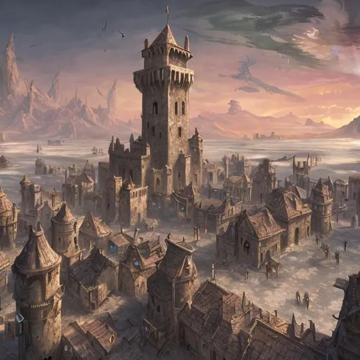 Prompt: fantasy, concept art, sprawling town overlooking salt flats, ruined tower